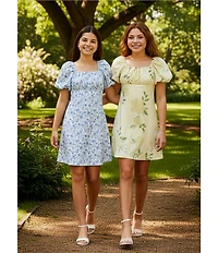 GB Big Girls Floral Print Empire Waist Tie Back Puff Sleeve Dress