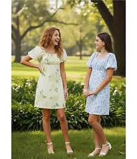 GB Big Girls Floral Print Empire Waist Tie Back Puff Sleeve Dress