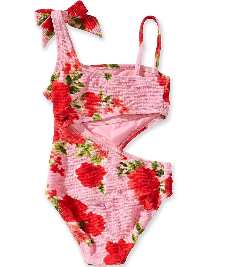 GB Big Girls Floral Print One Shoulder Cut Out One Piece Swimsuit
