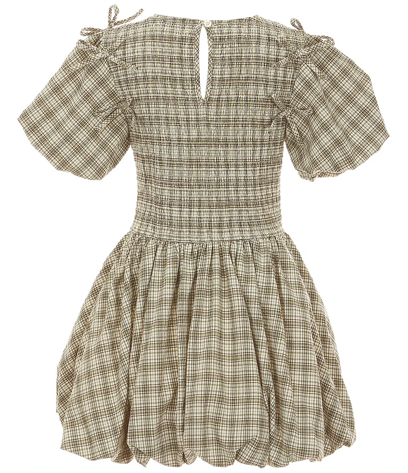 GB Big Girls Plaid Bubble Sleeve Bow Dress