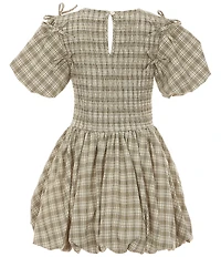GB Big Girls Plaid Bubble Sleeve Bow Dress