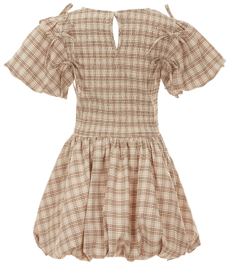 GB Big Girls Plaid Bubble Sleeve Bow Dress
