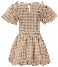 GB Big Girls Plaid Bubble Sleeve Bow Dress
