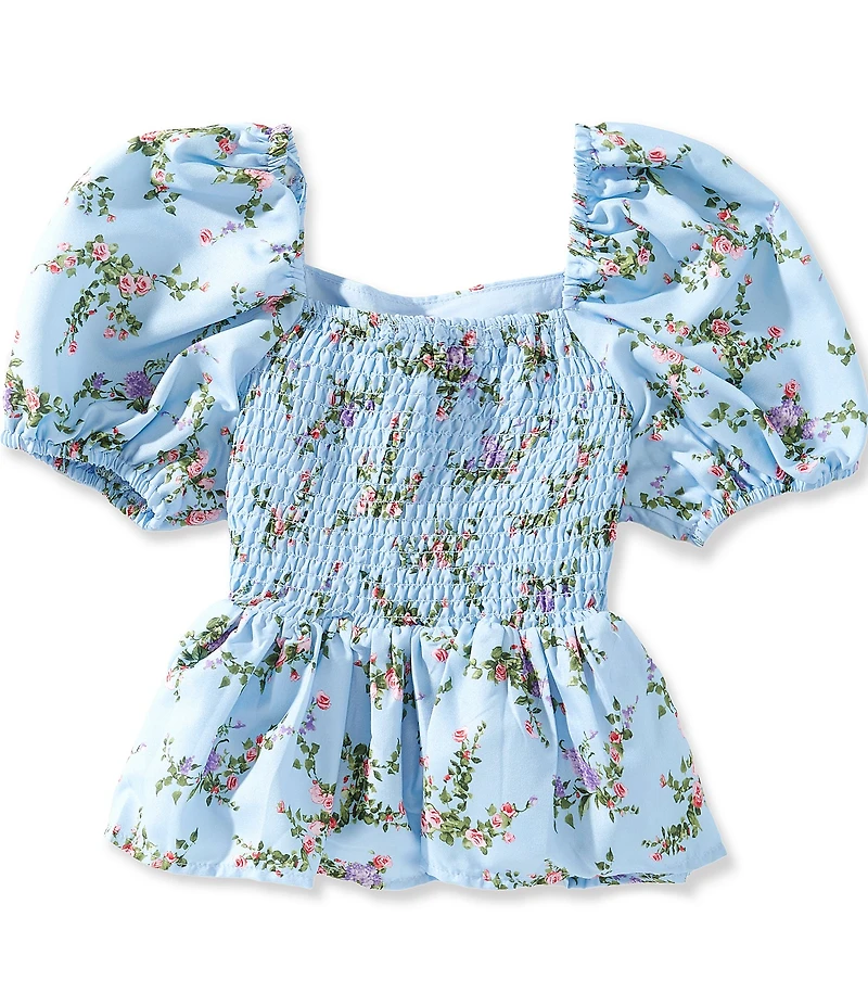 GB Big Girls Puff Sleeve Floral Woven Babydoll Top