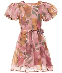 GB Big Girls Rose Belt Puff Sleeve Printed Mini Dress