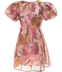 GB Big Girls Rose Belt Puff Sleeve Printed Mini Dress