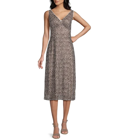 GB Bow Detail Mesh Tie Back Leopard Midi Dress
