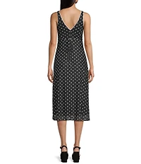 GB Bow Detail Mesh Tie Back Polka Dotted Midi Dress