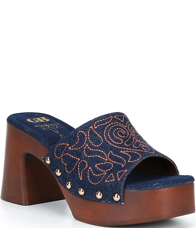 GB Buck-Aroo 2 Denim Studded Wood Platform Sandals