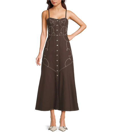 GB Button Front Denim Western Maxi Dress