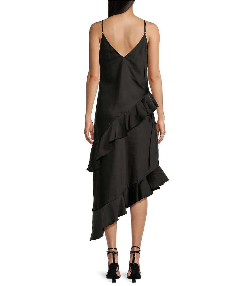 GB Cascading Satin Asymmetrical Ruffle Midi Dress