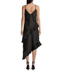 GB Cascading Satin Asymmetrical Ruffle Midi Dress