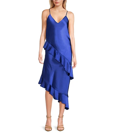 GB Cascading Satin Asymmetrical Ruffle Midi Dress