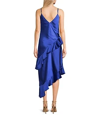 GB Cascading Satin Asymmetrical Ruffle Midi Dress