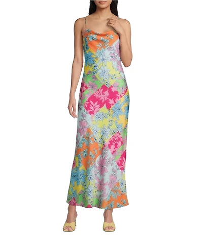 GB Cowl Neck Magenta Floral Printed Maxi Slip Dress