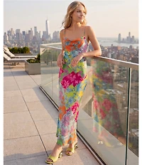 GB Cowl Neck Magenta Floral Printed Maxi Slip Dress