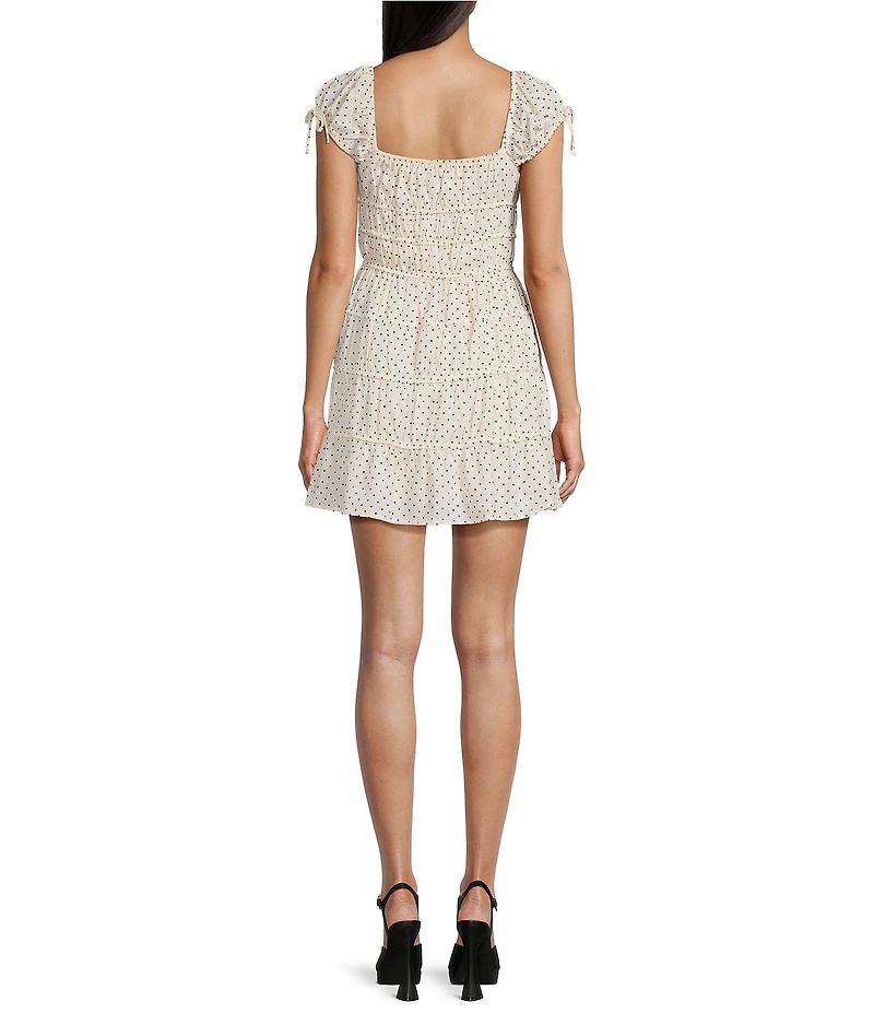 GB Dot Print Linen Blend Square Neck Cap Sleeve Tie Detail Mini Dress