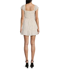 GB Dot Print Linen Blend Square Neck Cap Sleeve Tie Detail Mini Dress