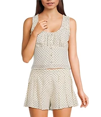 GB Dotted Linen Blend Square Neck Sleeveless Button Front Coordinating Tank