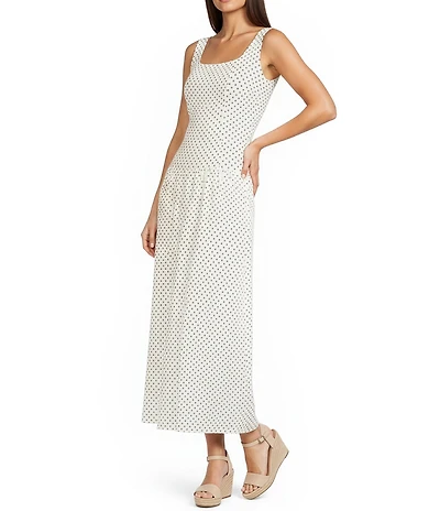 GB Dotted Linen Blend Square Neck Sleeveless Drop Waist Maxi Dress