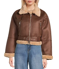 GB Faux Fur Belted Faux Suede Jacket