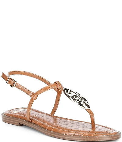 GB First-Light Croc-Embossed T-Strap Flat Sandals