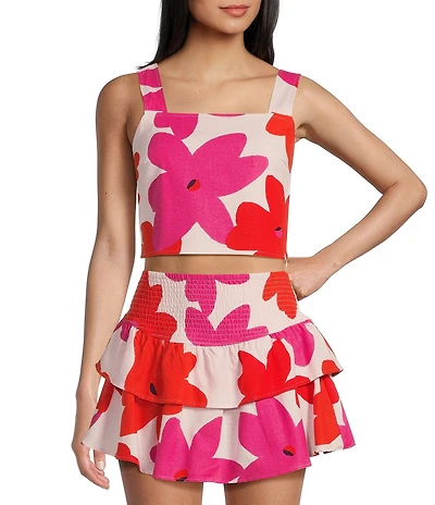 GB Floral Printed Linen Blend Coordinating Crop Top