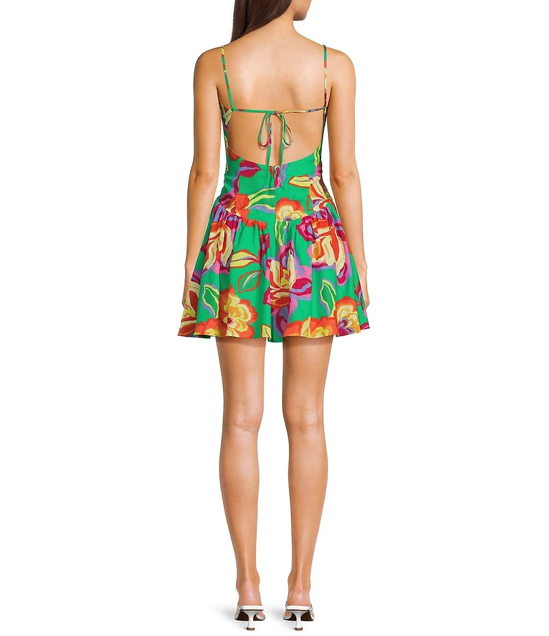 GB Floral Printed Linen Blend Drop Waist Mini Dress