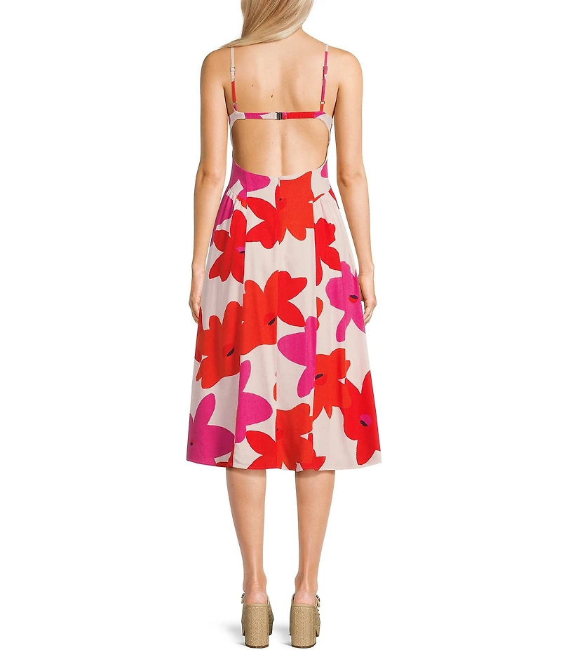 GB Floral Printed Linen Blend Open-Back Midi Dress