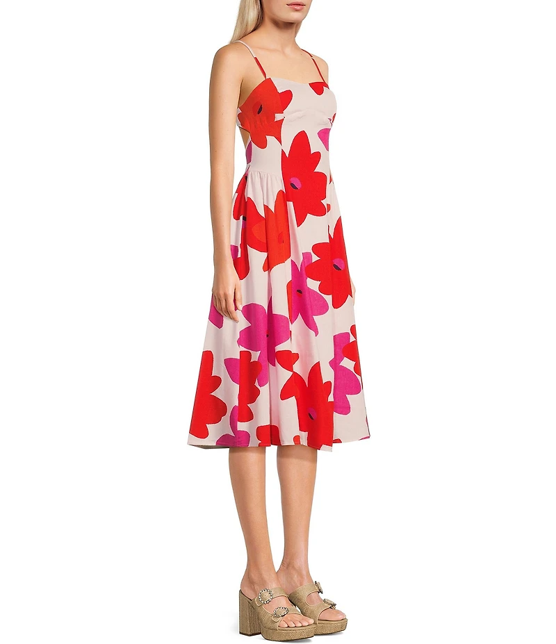 GB Floral Printed Linen Blend Open-Back Midi Dress