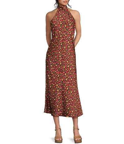 GB Floral Printed Satin Tie Neck Halter Dress