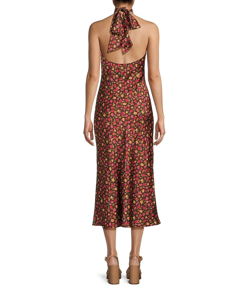 GB Floral Printed Satin Tie Neck Halter Dress