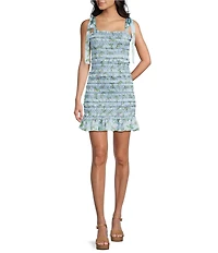 GB Floral Square Neck Smocked Tie Shoulder Bodycon Mini Dress