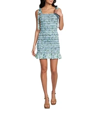 GB Floral Square Neck Smocked Tie Shoulder Bodycon Mini Dress