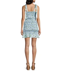 GB Floral Square Neck Smocked Tie Shoulder Bodycon Mini Dress