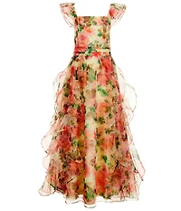 GB Big Girls Flutter Sleeve Square Neckline Floral Organza Long Dress