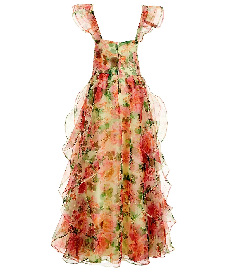 GB Big Girls Flutter Sleeve Square Neckline Floral Organza Long Dress