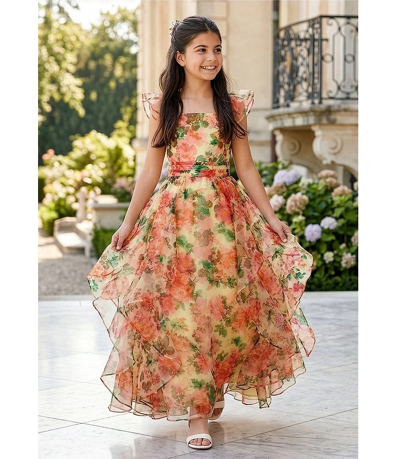 GB Big Girls Flutter Sleeve Square Neckline Floral Organza Long Dress