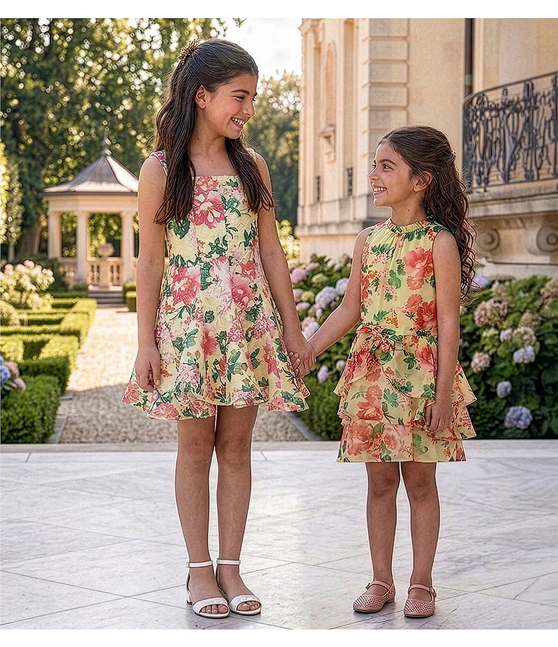 GB Big Girls Floral Print Godet Fit & Flare Applique Detail Dress