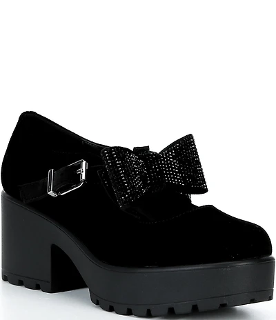 GB Girl's Franki2 Velvet Embellished Bow Ornament Platform Lug Sole Mary Jane Dress Shoes (Youth)