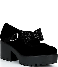 GB Girl's Franki2 Velvet Embellished Bow Ornament Platform Lug Sole Mary Jane Dress Shoes (Youth)