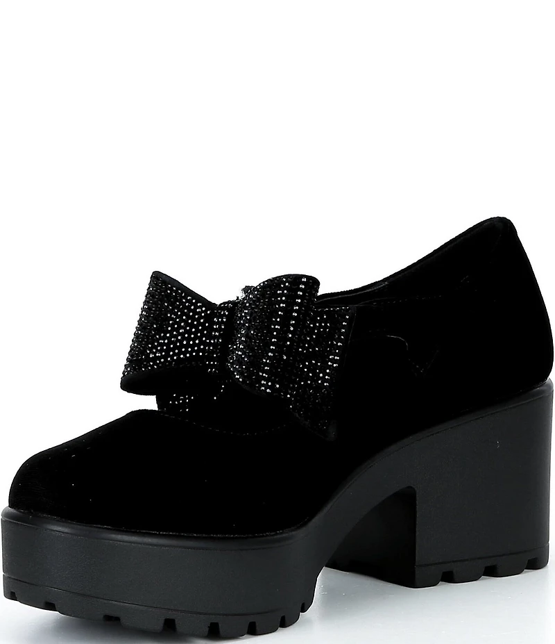 GB Girl's Franki2 Velvet Embellished Bow Ornament Platform Lug Sole Mary Jane Dress Shoes (Youth)