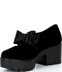 GB Girl's Franki2 Velvet Embellished Bow Ornament Platform Lug Sole Mary Jane Dress Shoes (Youth)