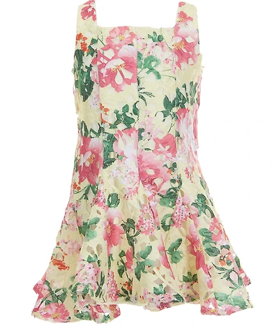 GB Little Girls Floral Print Square Neck Sleeveless Applique Godet Fit And Flare Dress