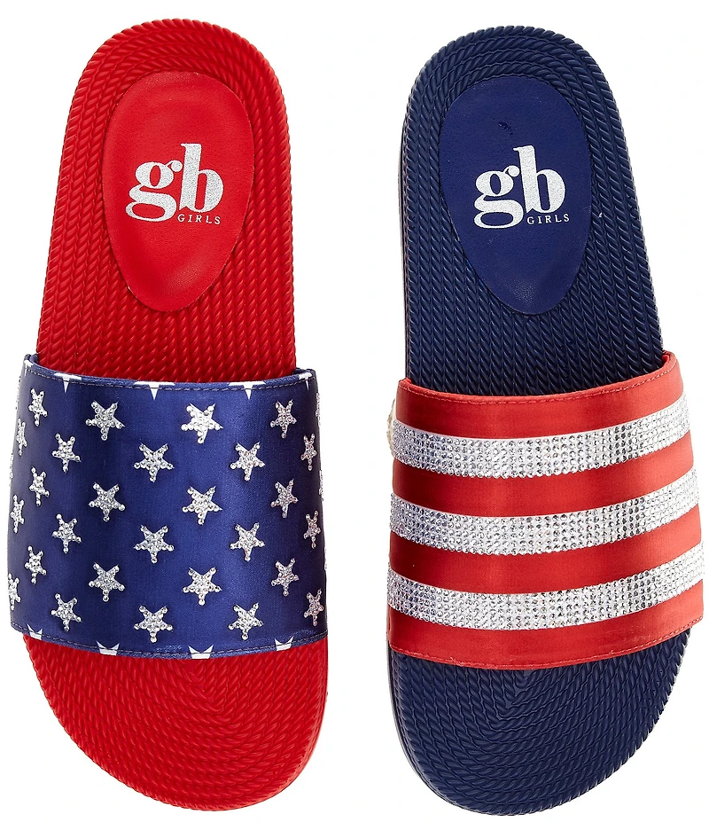 GB Girls' Starry American Flag Mismatch Stars and Stripe Slides (Youth)