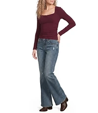 GB Knit Ruched Long Sleeve Square Neck Tee