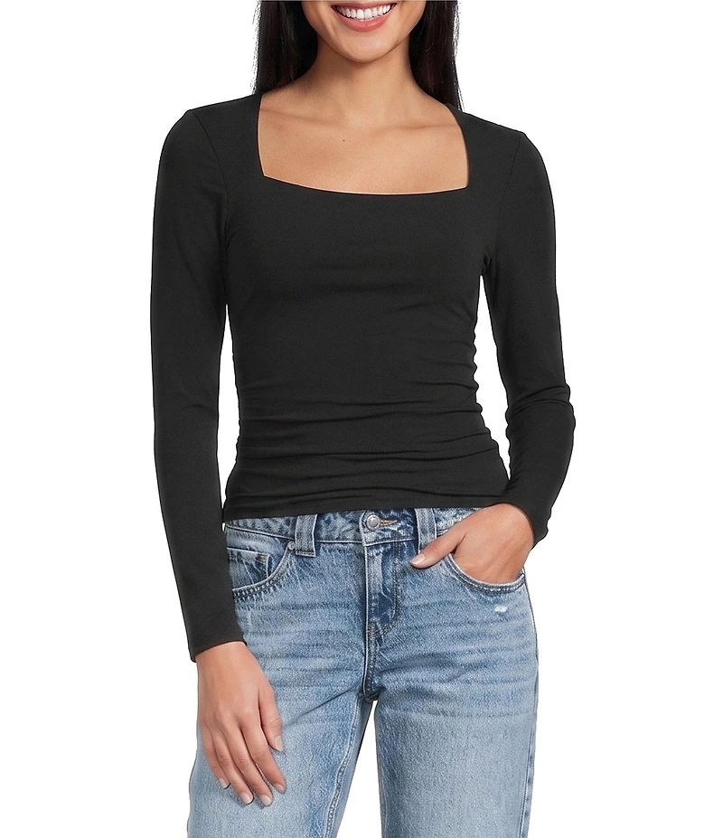 GB Knit Ruched Long Sleeve Square Neck Tee