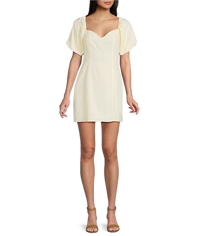 GB Linen Blend Short Puff Sleeve Mini Dress
