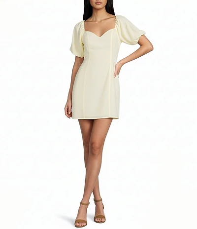 GB Linen Blend Short Puff Sleeve Mini Dress