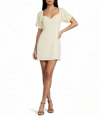 GB Linen Blend Short Puff Sleeve Mini Dress